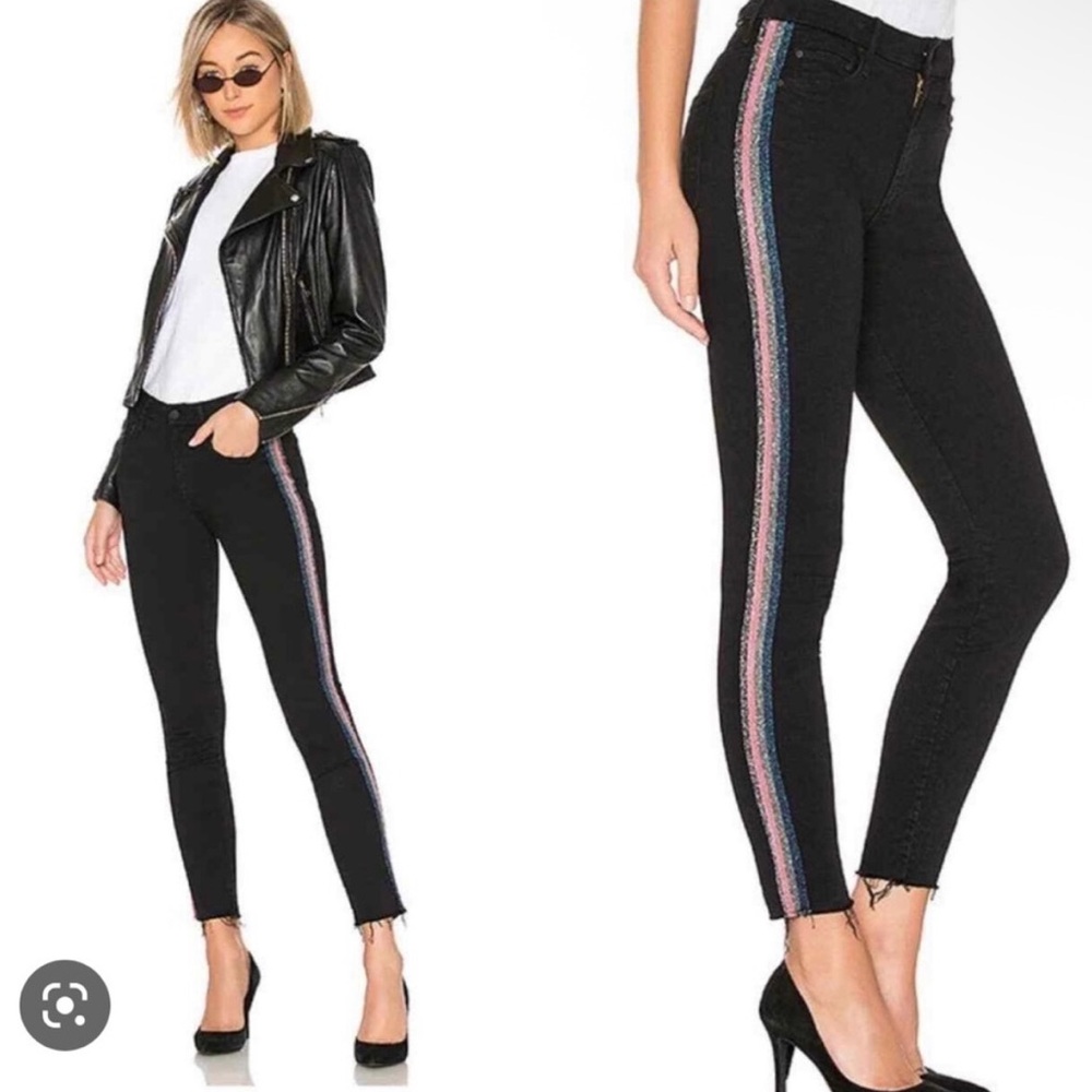 MOTHER Womens 24 High Waisted Looker Ankle Fray Quilty Glitter Racer Jeans Black